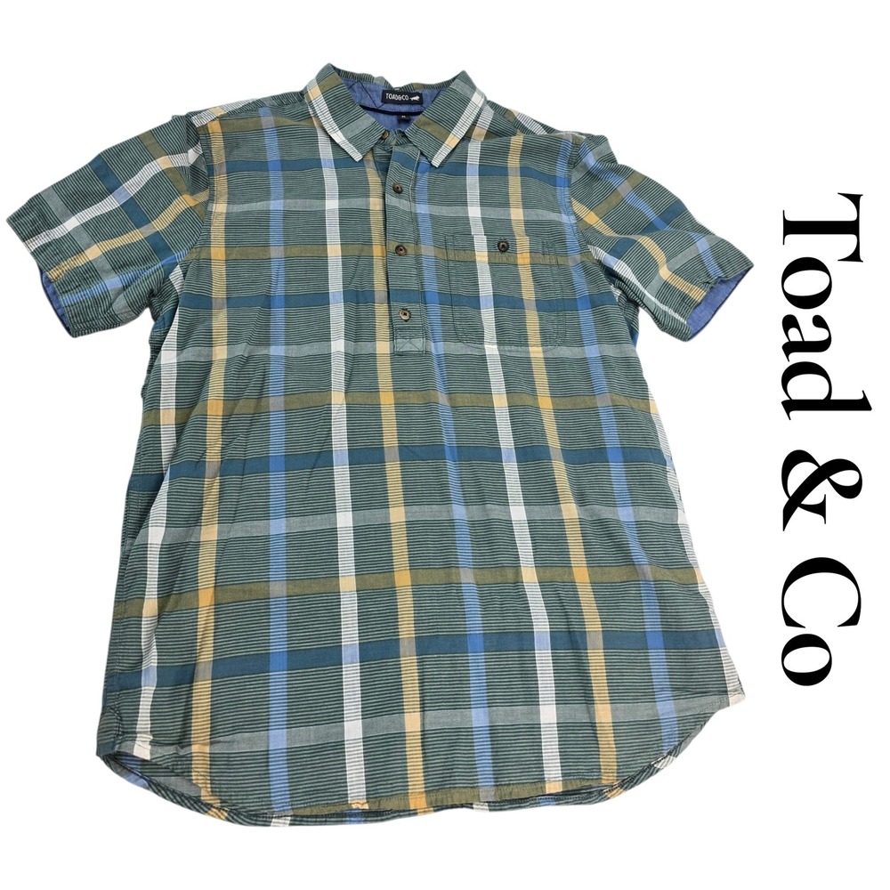 Toad&Co Popover Shirt Mens M Green Organic Cotton Plaid Cuba‎ Libre SS Outdoor